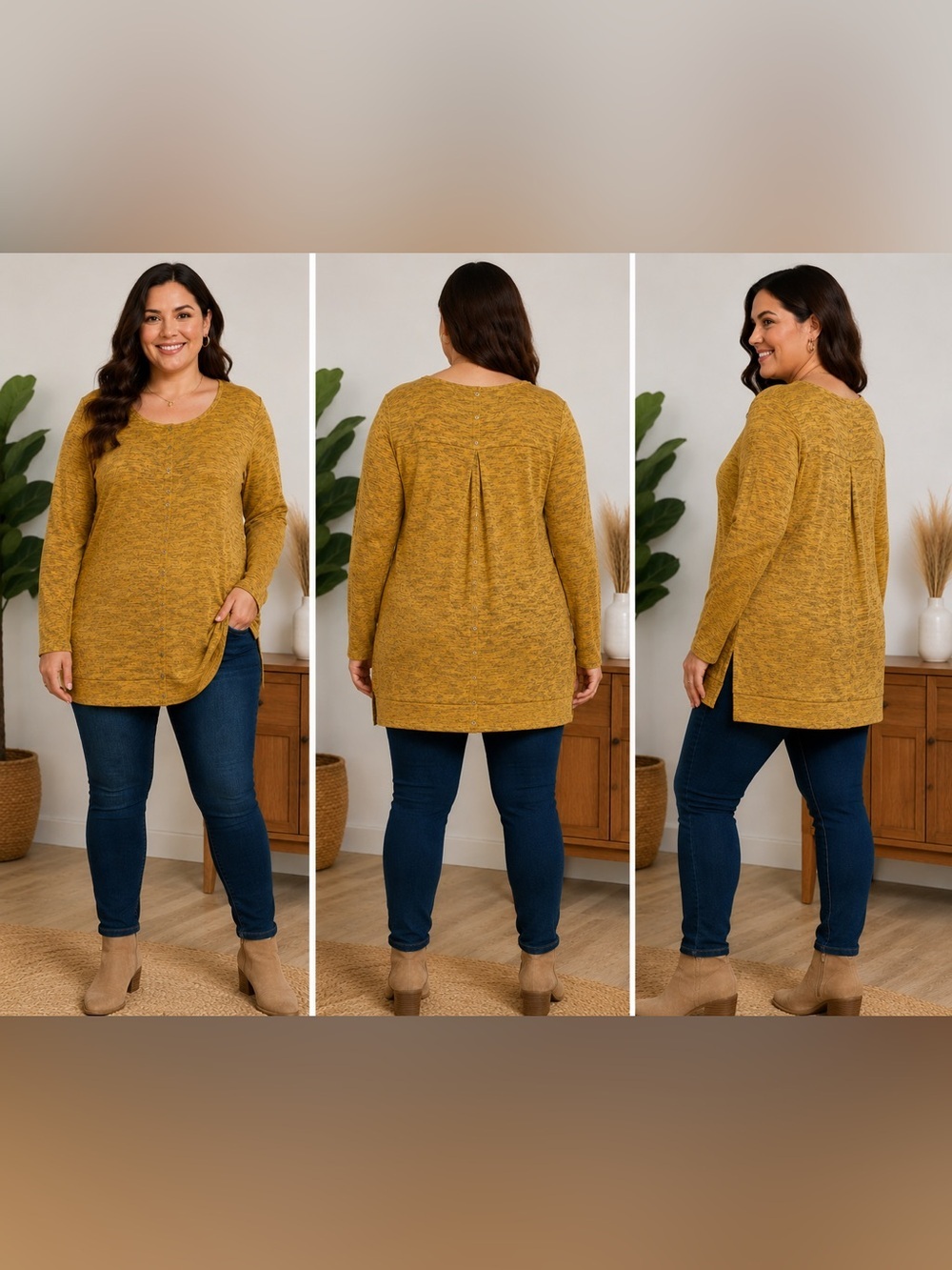 COIN 1804 Mustard Marled Knit Tunic Sweater Top 3X Plus Size Long Sleeve Stretch